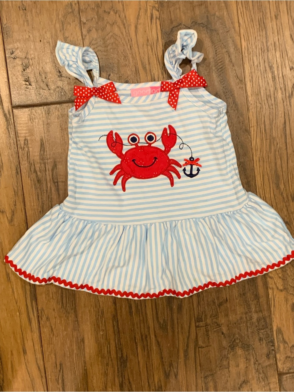 Good Lad Blue & White Striped Tank with Red Crab Applique